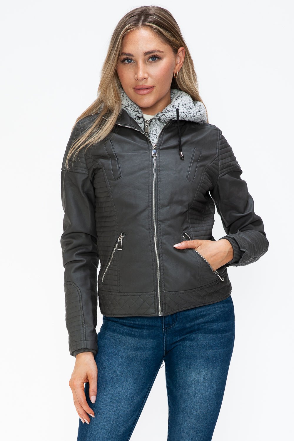 YMI - Layered Look Vegan Leather Jacket in Charcoal