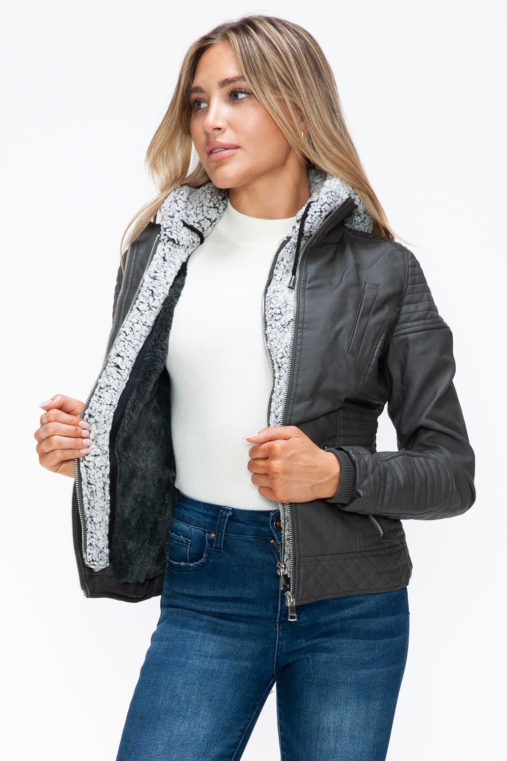 YMI - Layered Look Vegan Leather Jacket in Charcoal