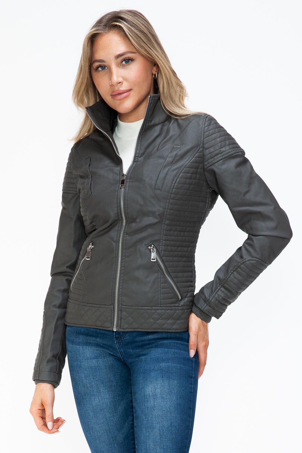 YMI - Layered Look Vegan Leather Jacket in Charcoal