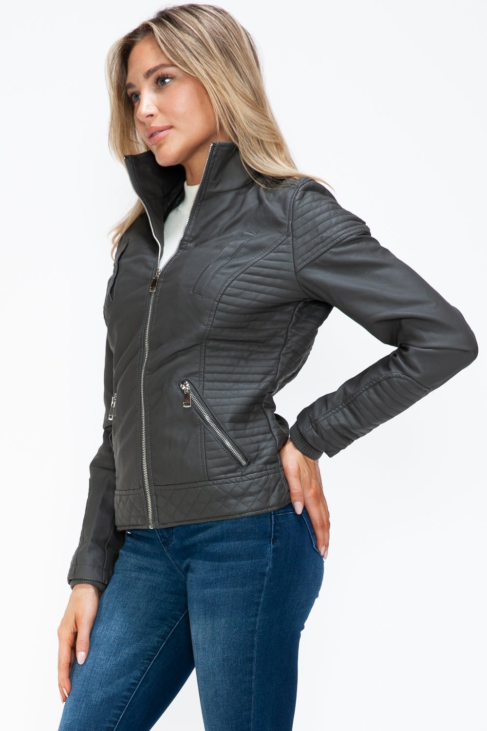 YMI - Layered Look Vegan Leather Jacket in Charcoal