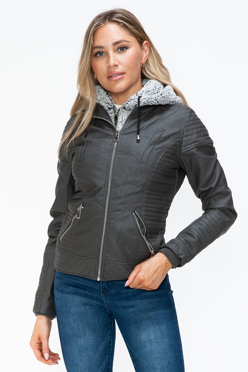 YMI - Layered Look Vegan Leather Jacket in Charcoal