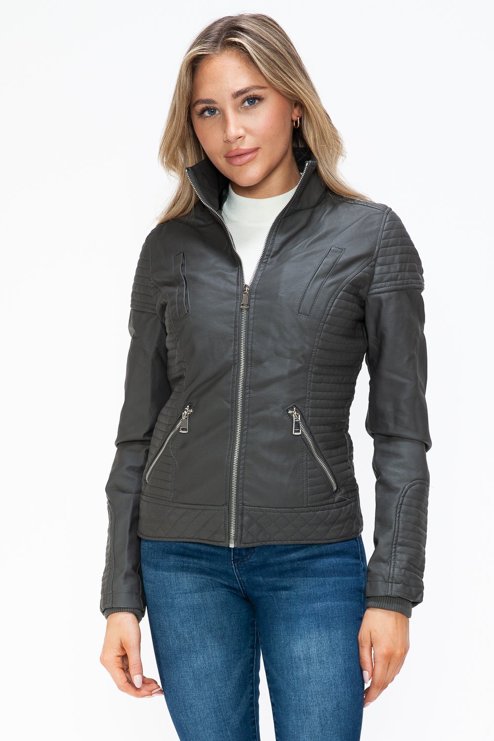 YMI - Layered Look Vegan Leather Jacket in Charcoal