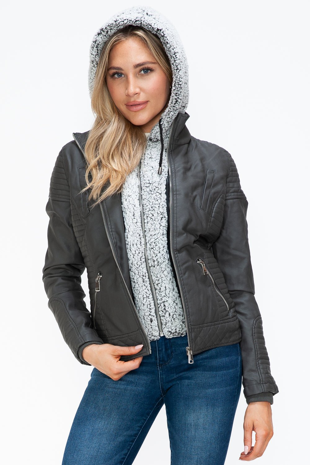 YMI - Layered Look Vegan Leather Jacket in Charcoal