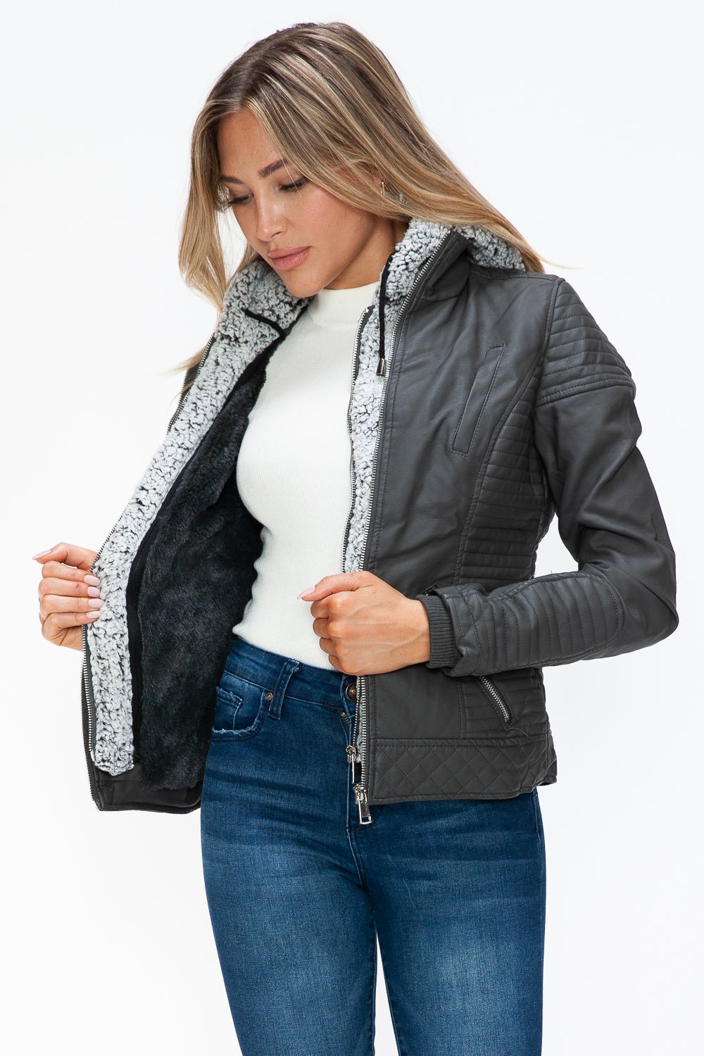 YMI - Layered Look Vegan Leather Jacket in Charcoal