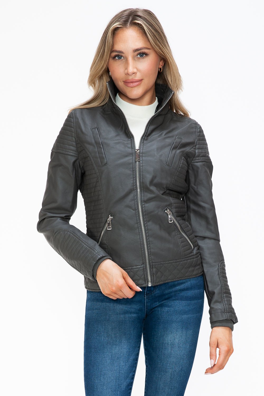 YMI - Layered Look Vegan Leather Jacket in Charcoal