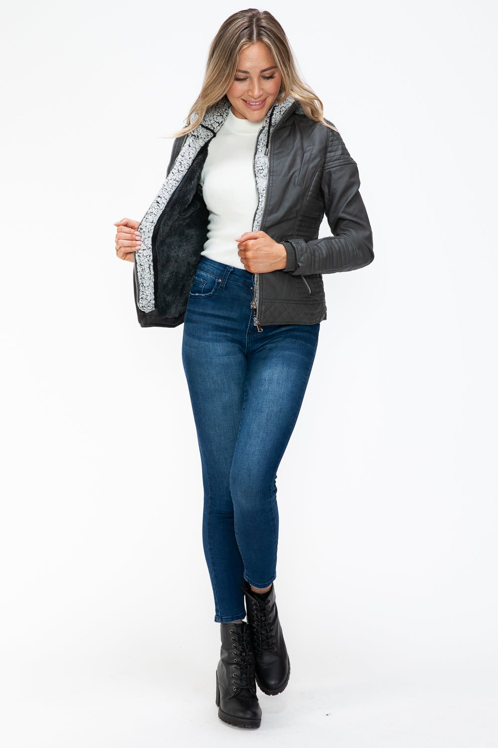 YMI - Layered Look Vegan Leather Jacket in Charcoal