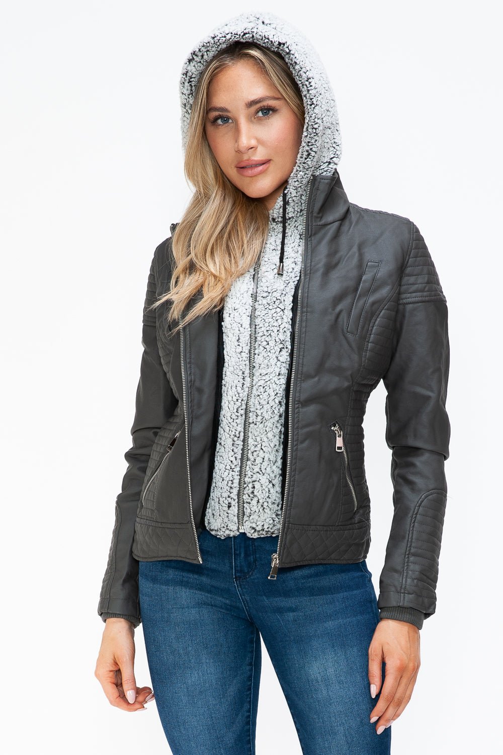 YMI - Layered Look Vegan Leather Jacket in Charcoal