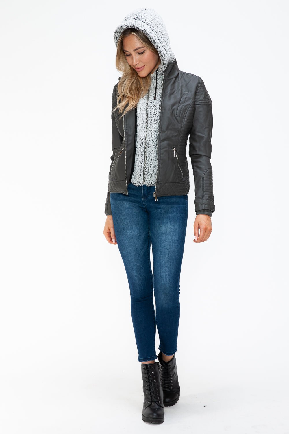 YMI - Layered Look Vegan Leather Jacket in Charcoal