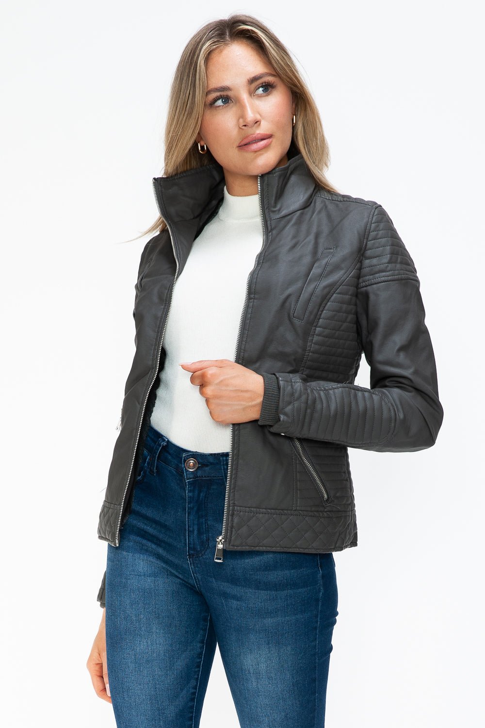 YMI - Layered Look Vegan Leather Jacket in Charcoal