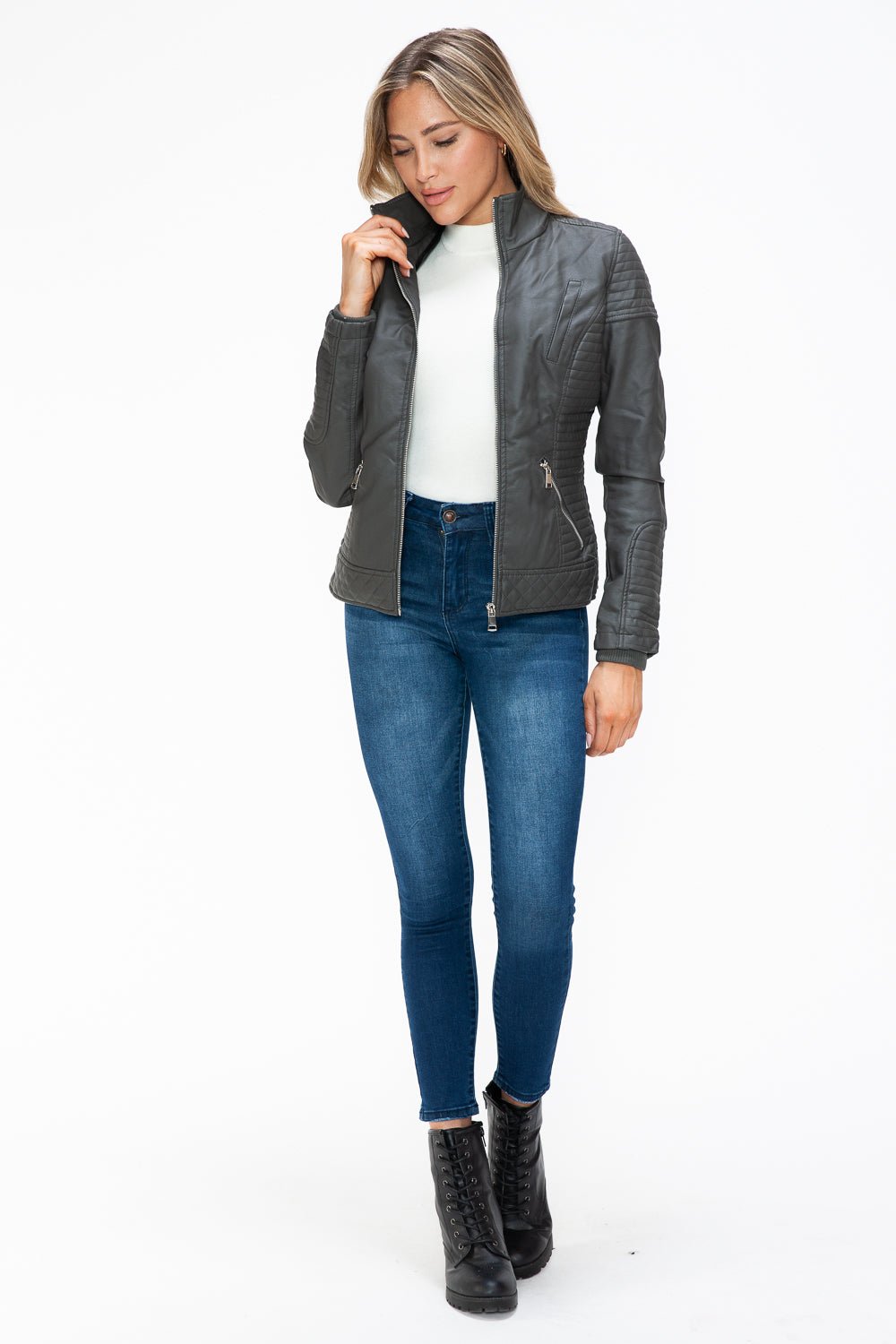 YMI - Layered Look Vegan Leather Jacket in Charcoal