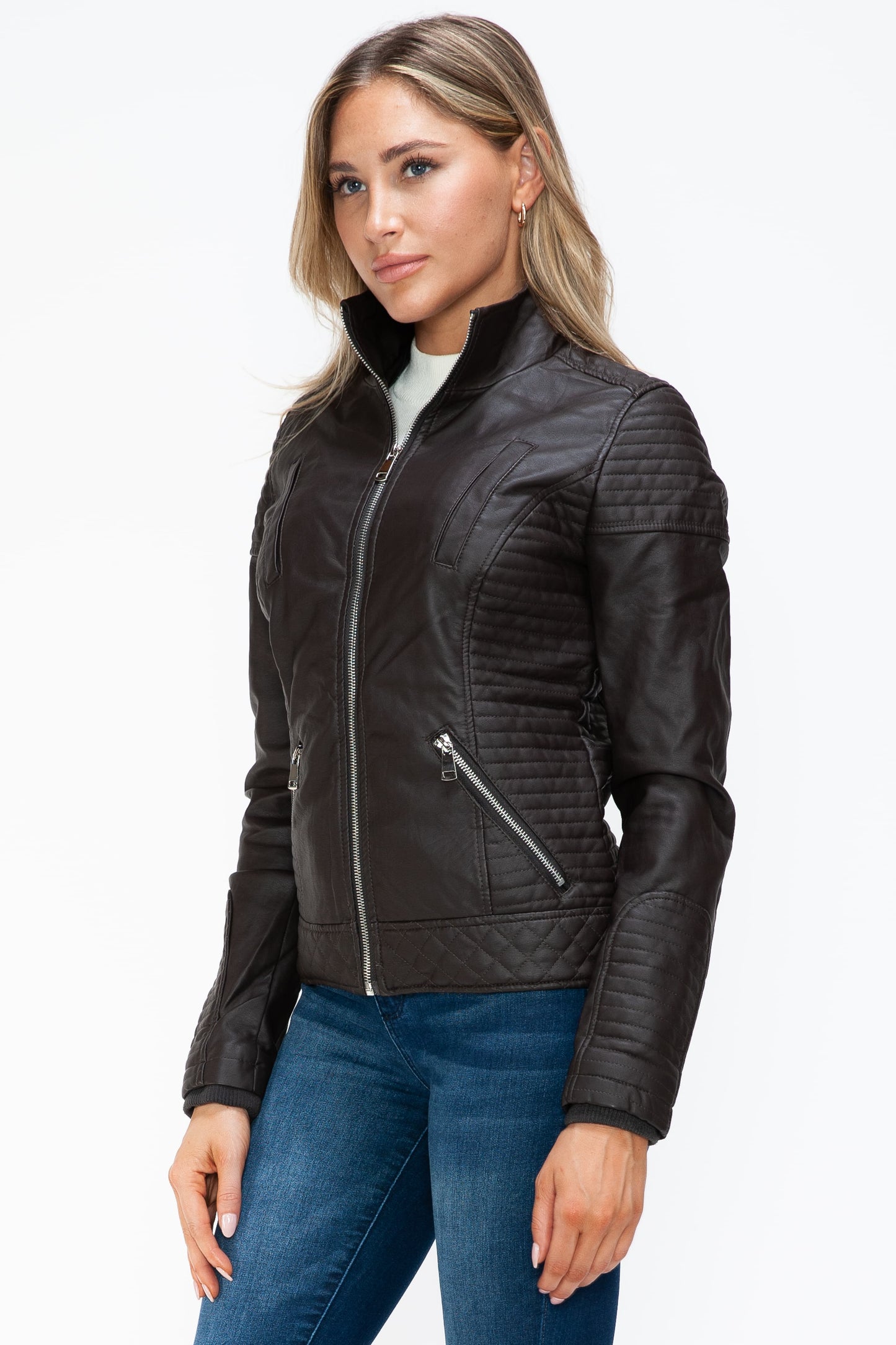 YMI - Layered Look Vegan Leather Jacket in Chocolate