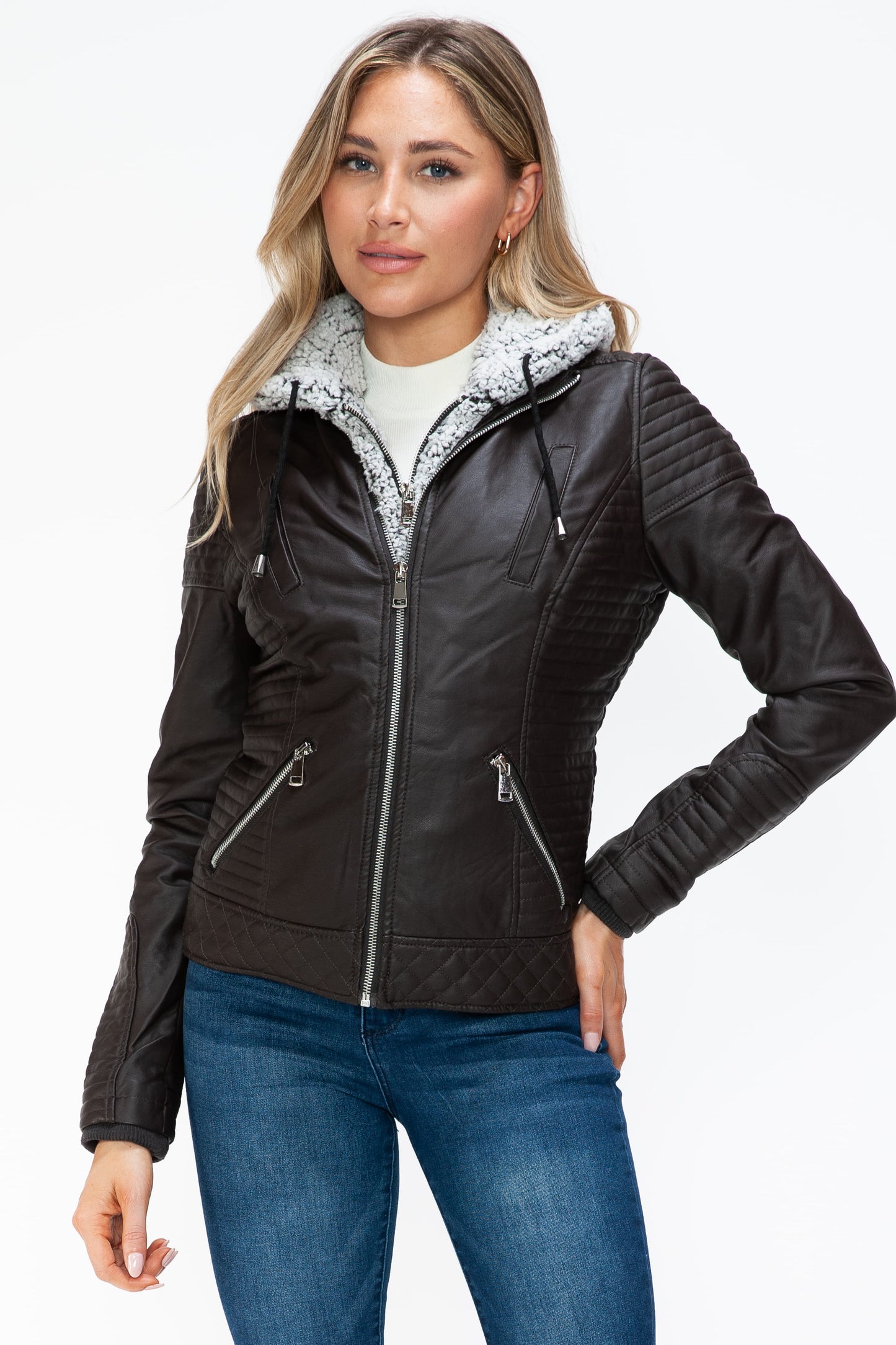 YMI - Layered Look Vegan Leather Jacket in Chocolate