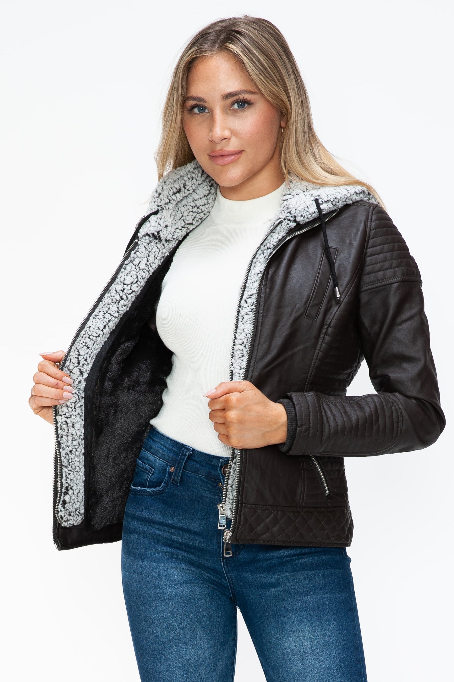 YMI - Layered Look Vegan Leather Jacket in Chocolate