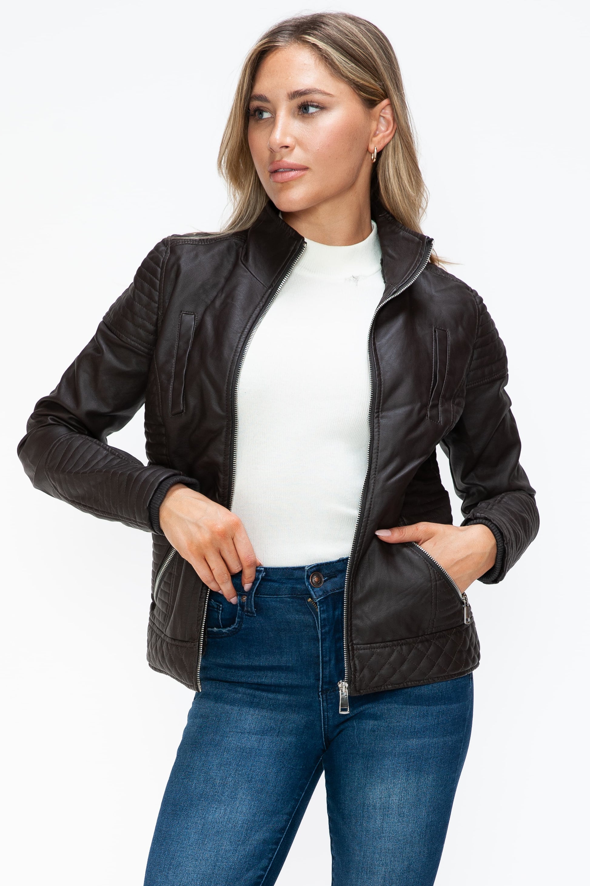 YMI - Layered Look Vegan Leather Jacket in Chocolate