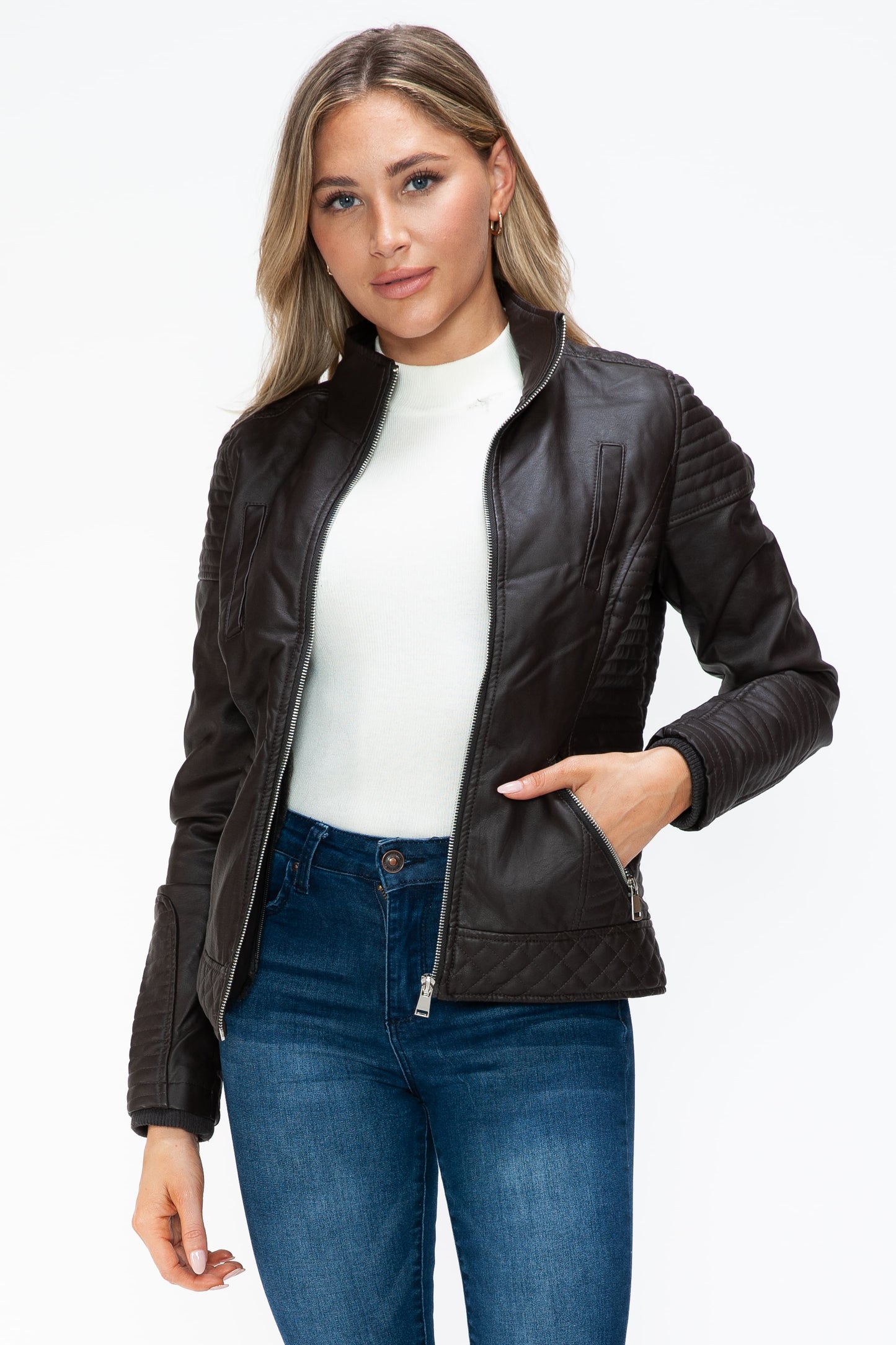 YMI - Layered Look Vegan Leather Jacket in Chocolate