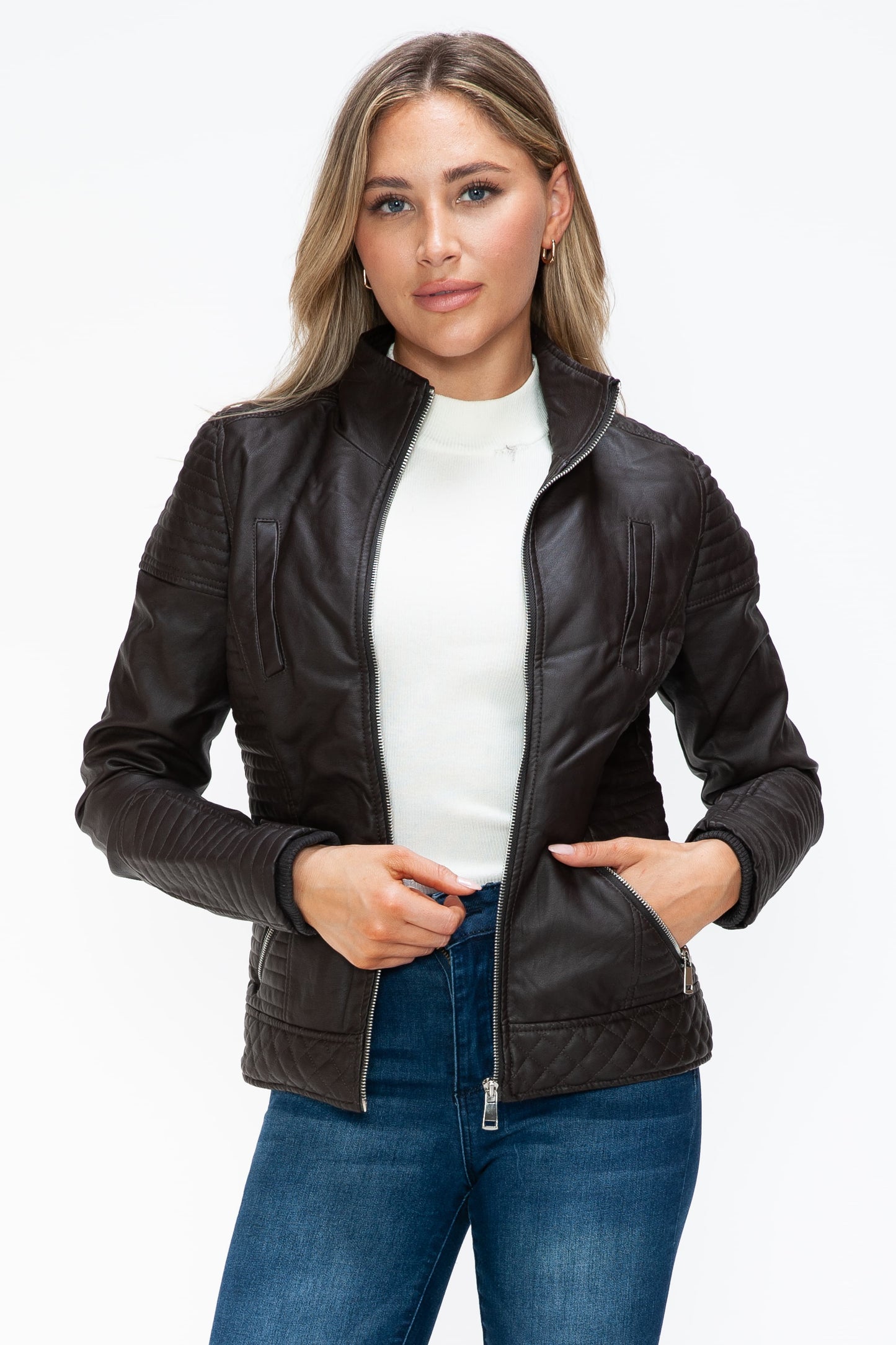 YMI - Layered Look Vegan Leather Jacket in Chocolate