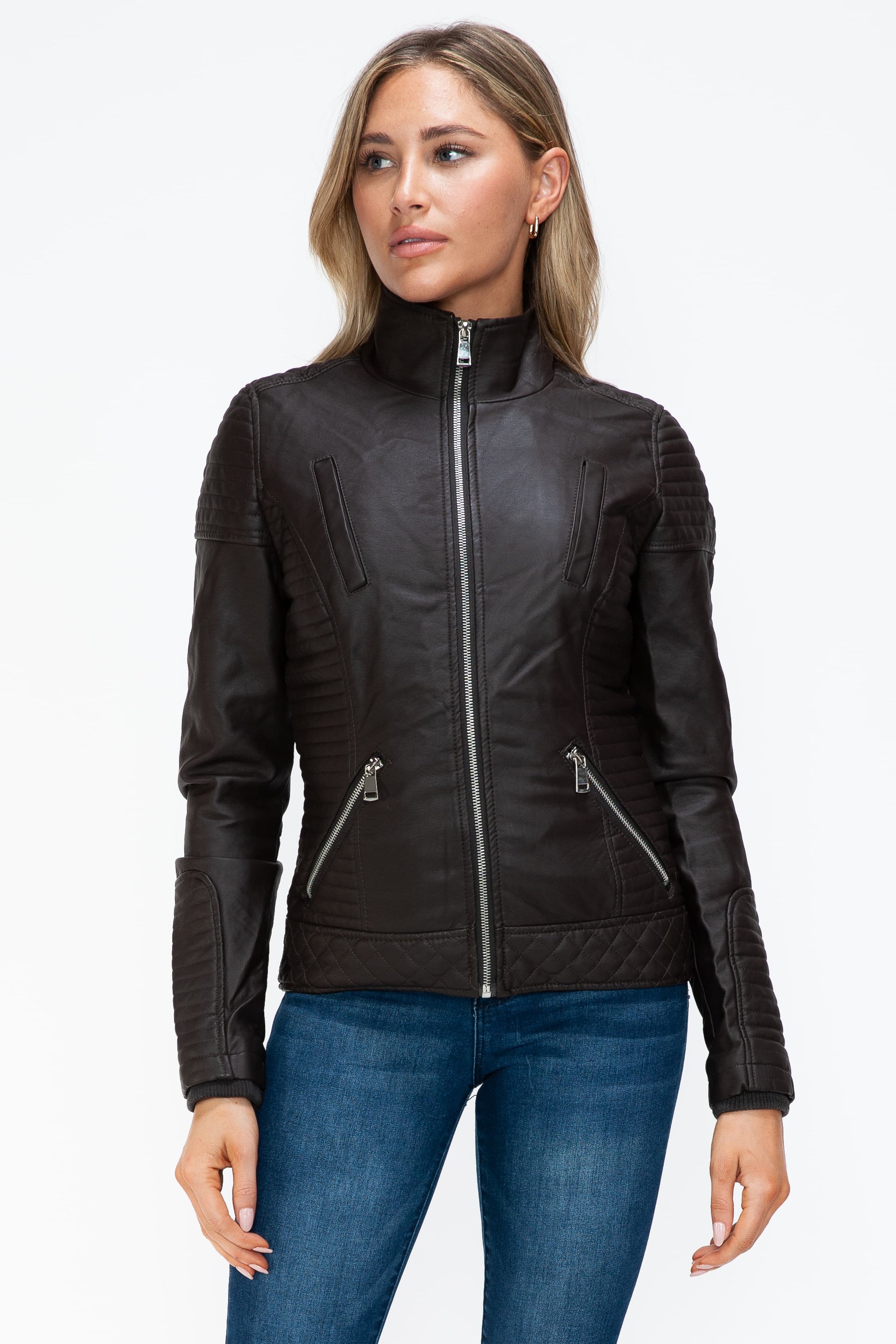 YMI - Layered Look Vegan Leather Jacket in Chocolate