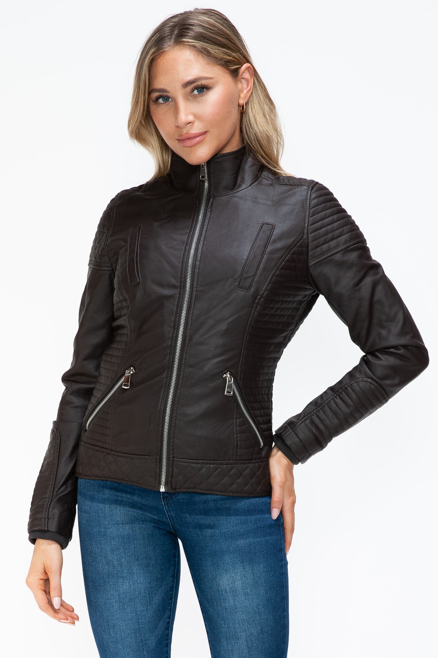 YMI - Layered Look Vegan Leather Jacket in Chocolate