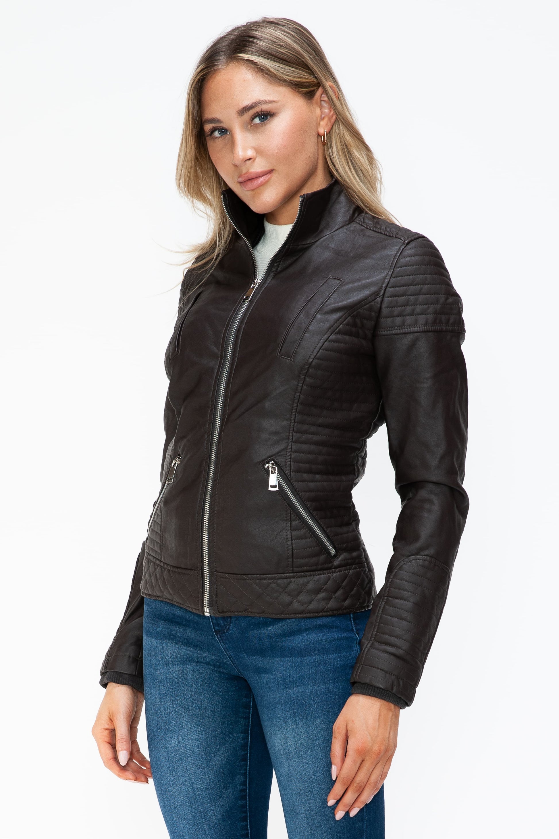 YMI - Layered Look Vegan Leather Jacket in Chocolate