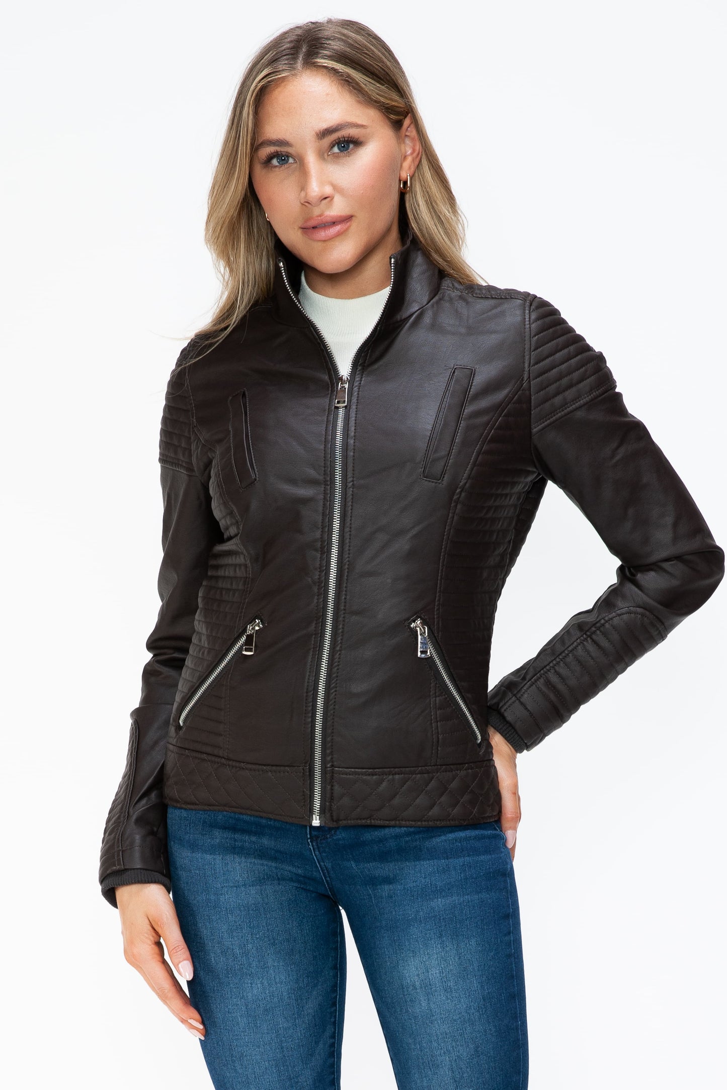 YMI - Layered Look Vegan Leather Jacket in Chocolate