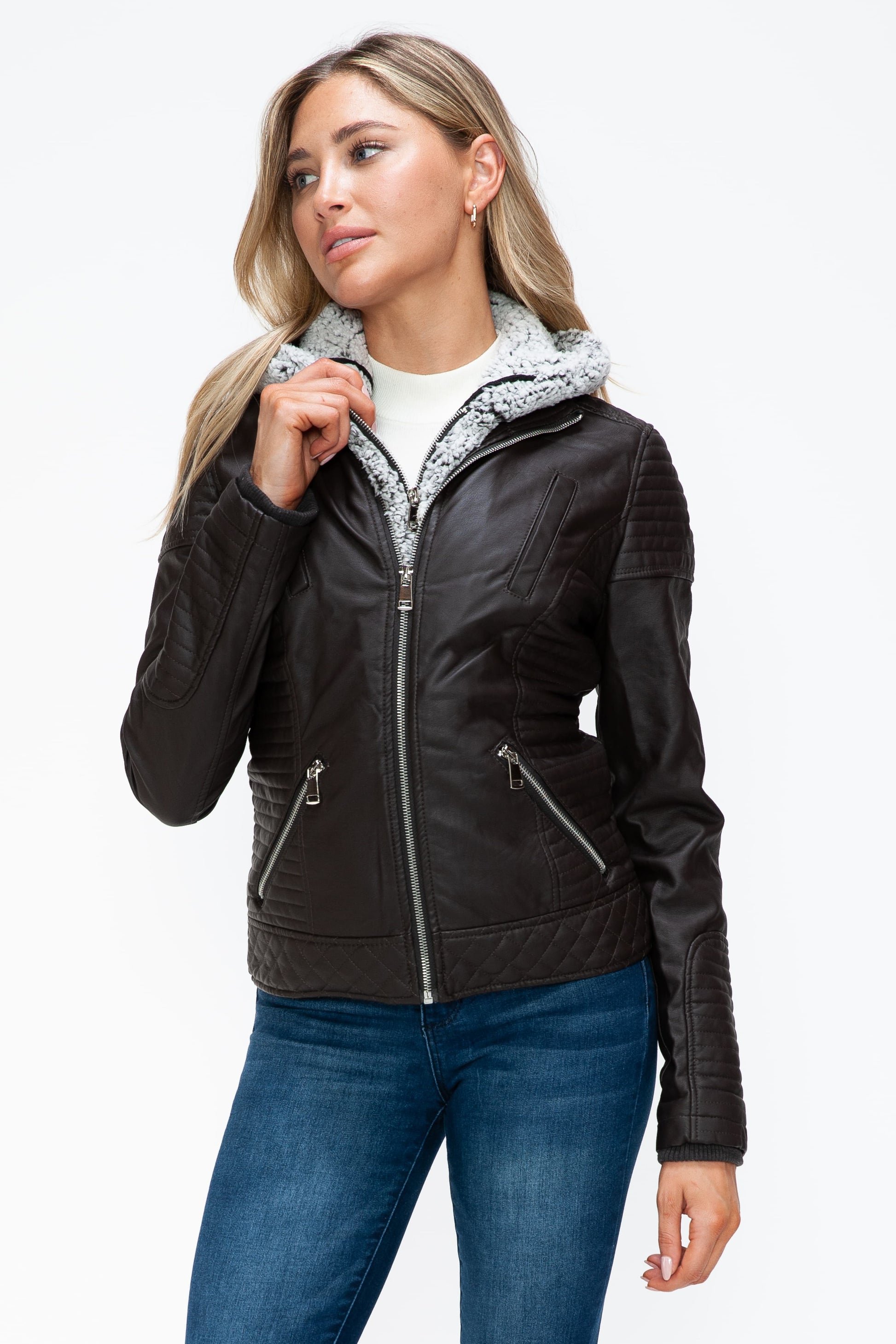 YMI - Layered Look Vegan Leather Jacket in Chocolate