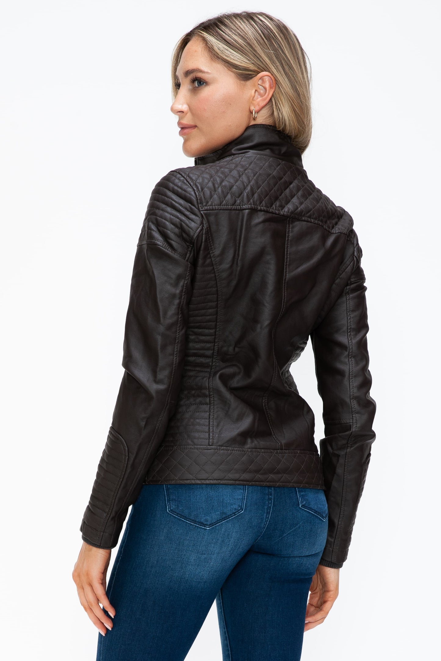 YMI - Layered Look Vegan Leather Jacket in Chocolate