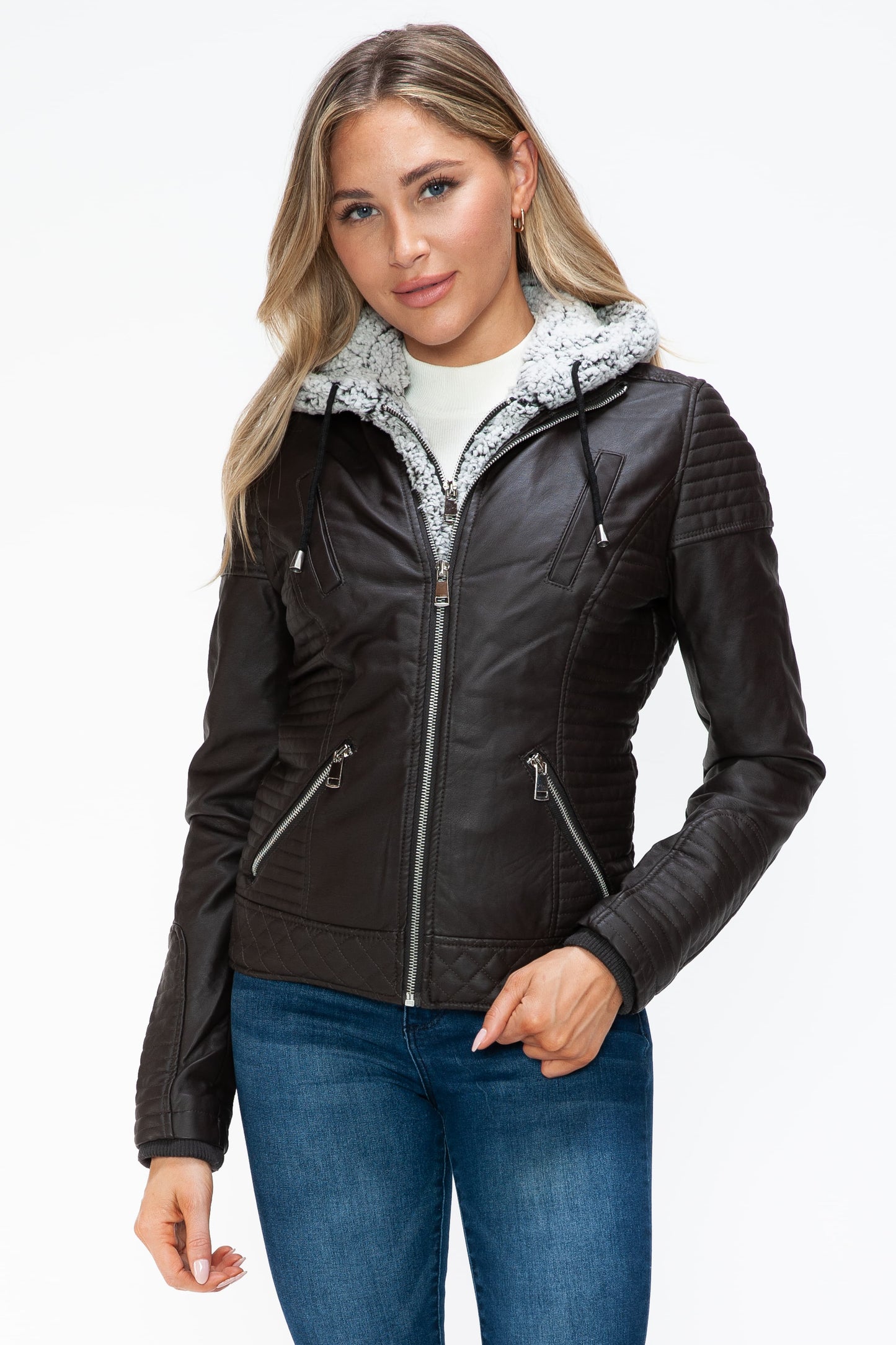 YMI - Layered Look Vegan Leather Jacket in Chocolate