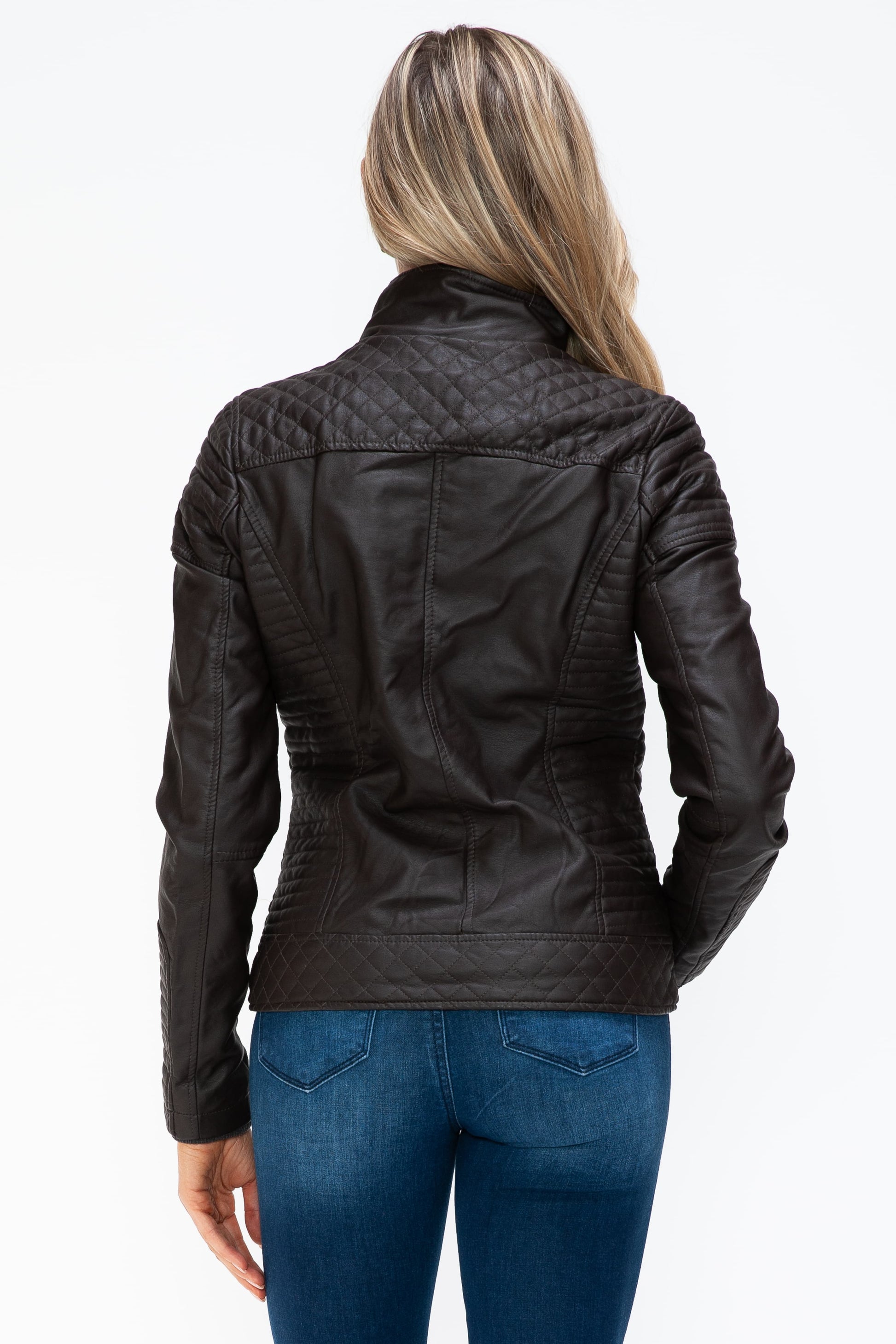 YMI - Layered Look Vegan Leather Jacket in Chocolate