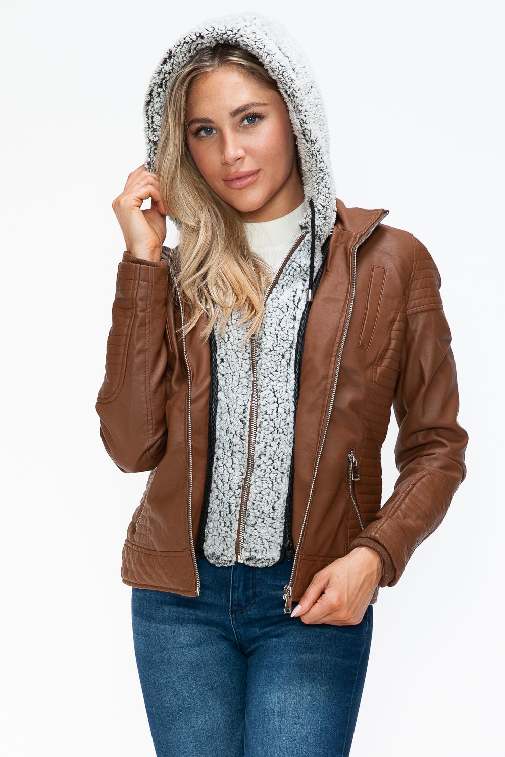 YMI - Layered Look Vegan Leather Jacket in Rust