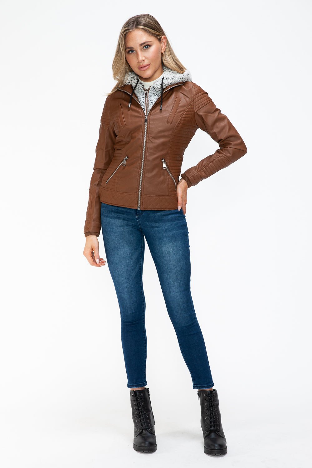 YMI - Layered Look Vegan Leather Jacket in Rust