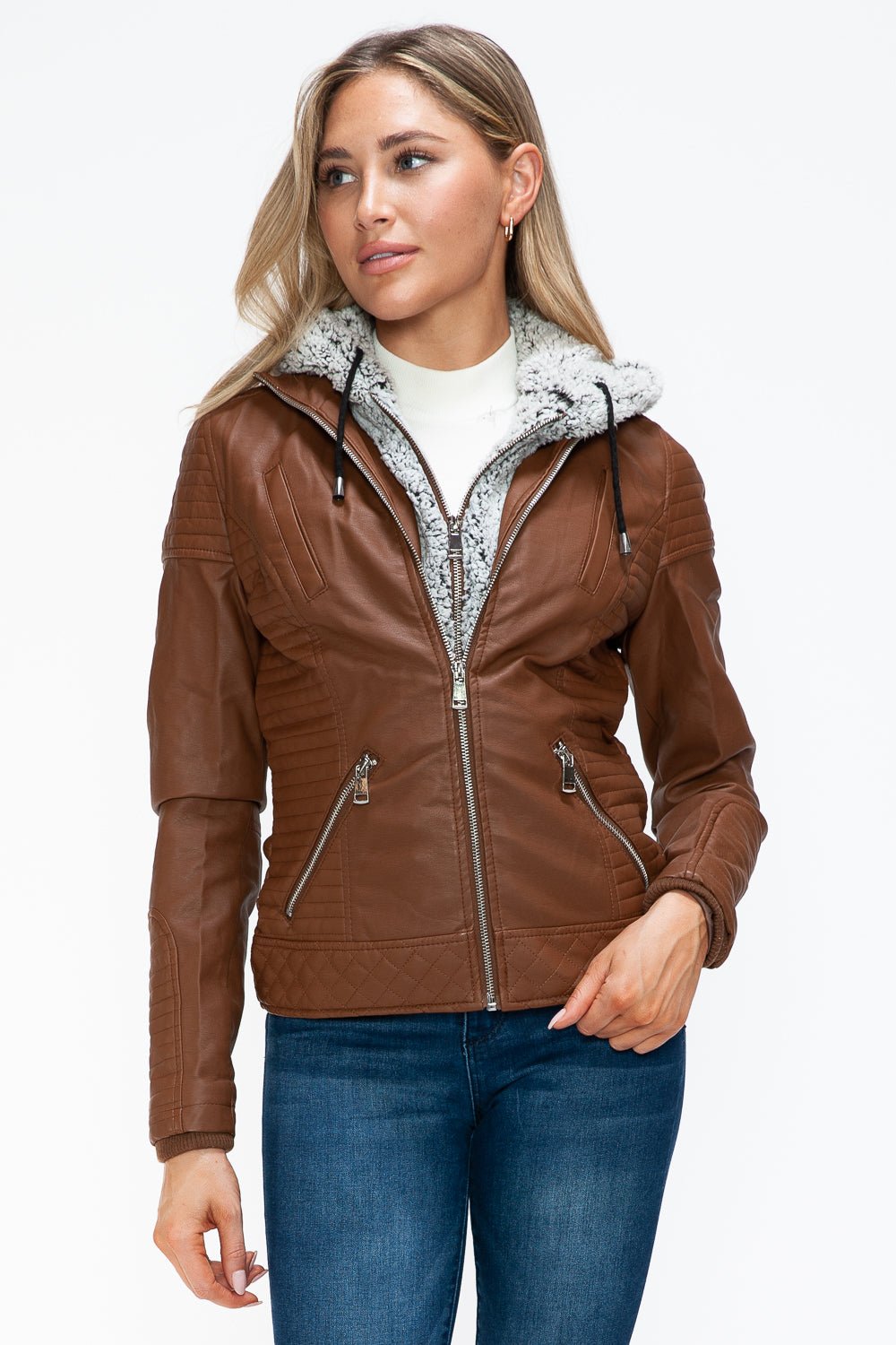 YMI - Layered Look Vegan Leather Jacket in Rust