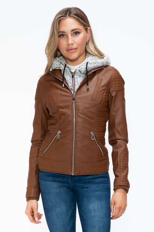 YMI - Layered Look Vegan Leather Jacket in Rust