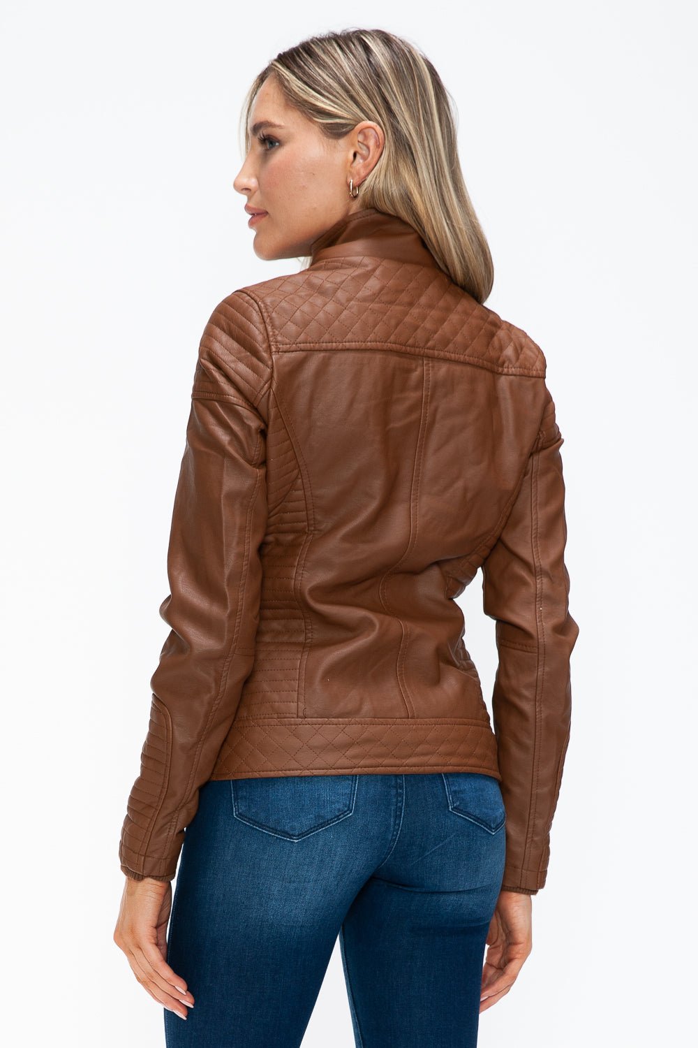 YMI - Layered Look Vegan Leather Jacket in Rust