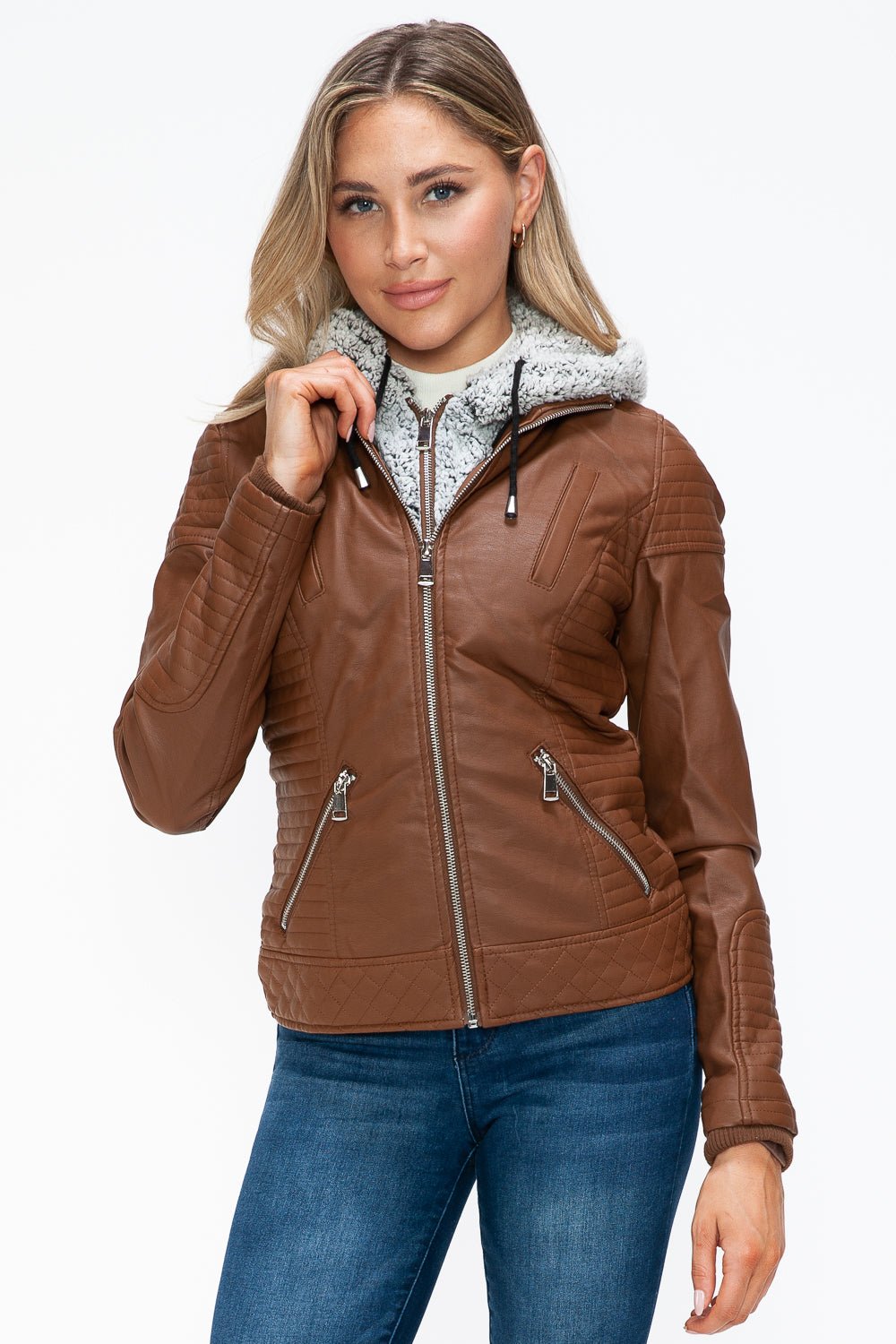 YMI - Layered Look Vegan Leather Jacket in Rust