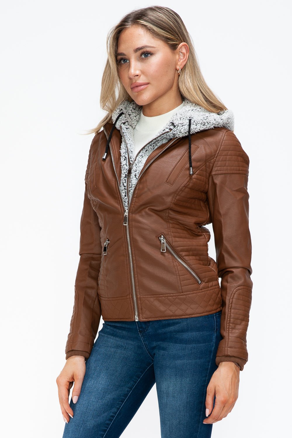 YMI - Layered Look Vegan Leather Jacket in Rust