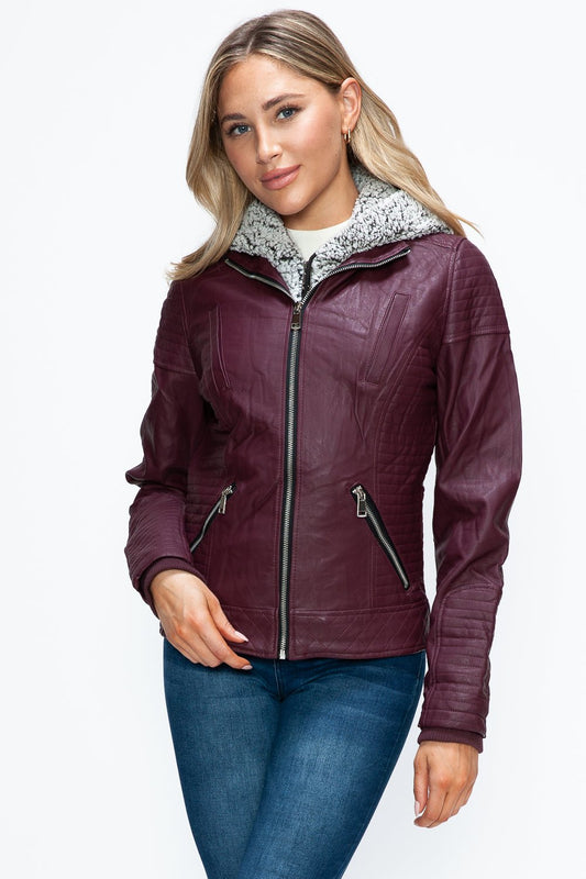 YMI - Layered Look Vegan Leather Jacket in Wine