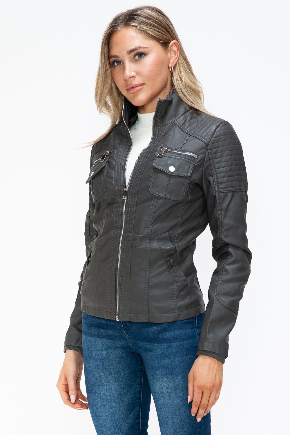 YMI - Multi - Pocket Vegan Leather Jacket in Charcoal