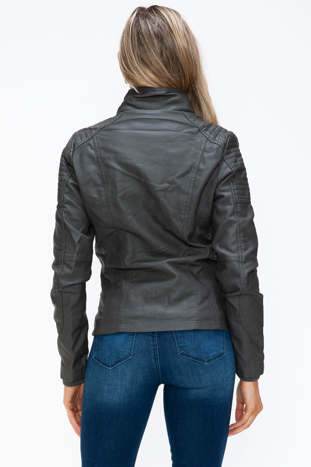 YMI - Multi - Pocket Vegan Leather Jacket in Charcoal