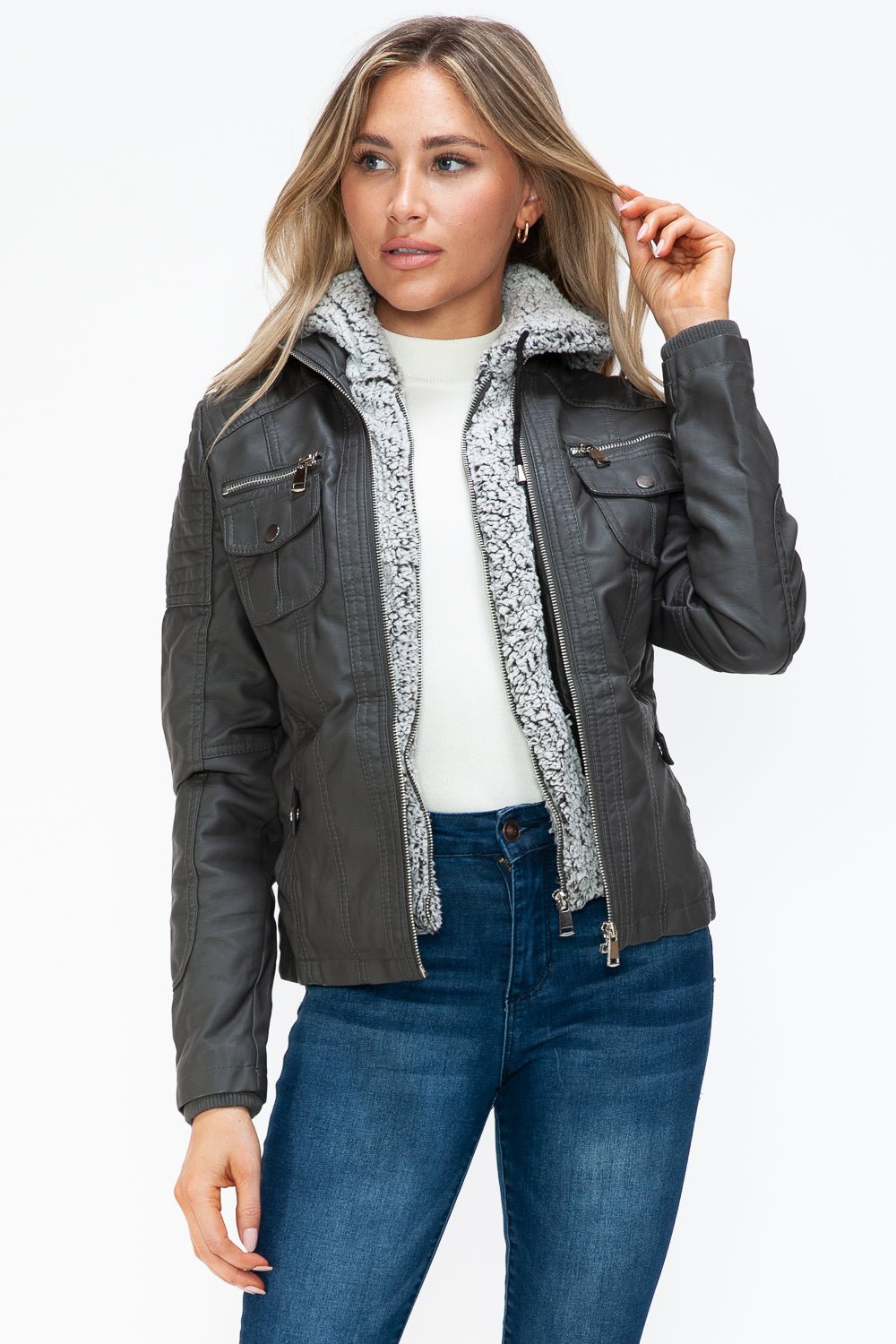 YMI - Multi - Pocket Vegan Leather Jacket in Charcoal