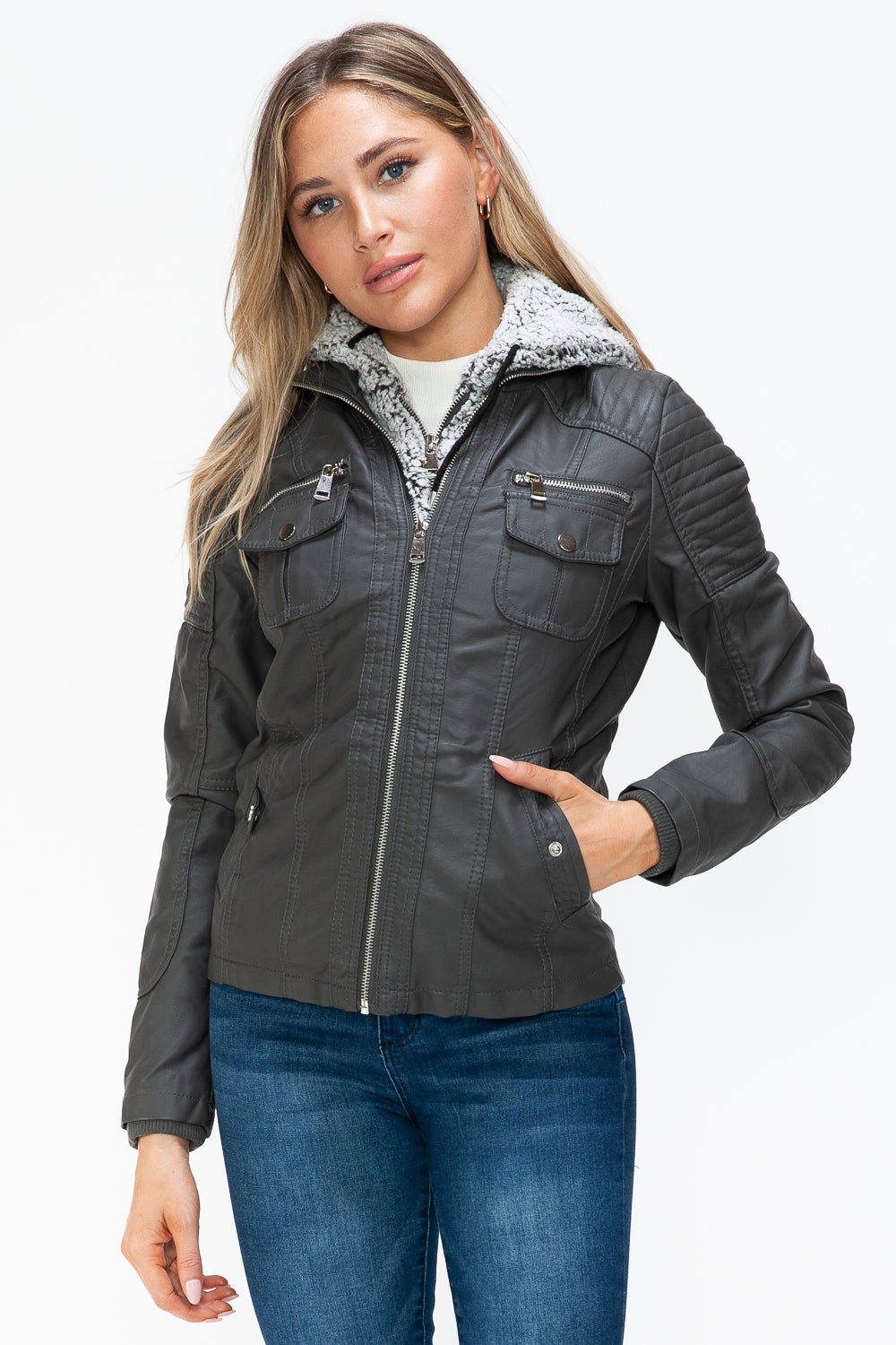 YMI - Multi - Pocket Vegan Leather Jacket in Charcoal