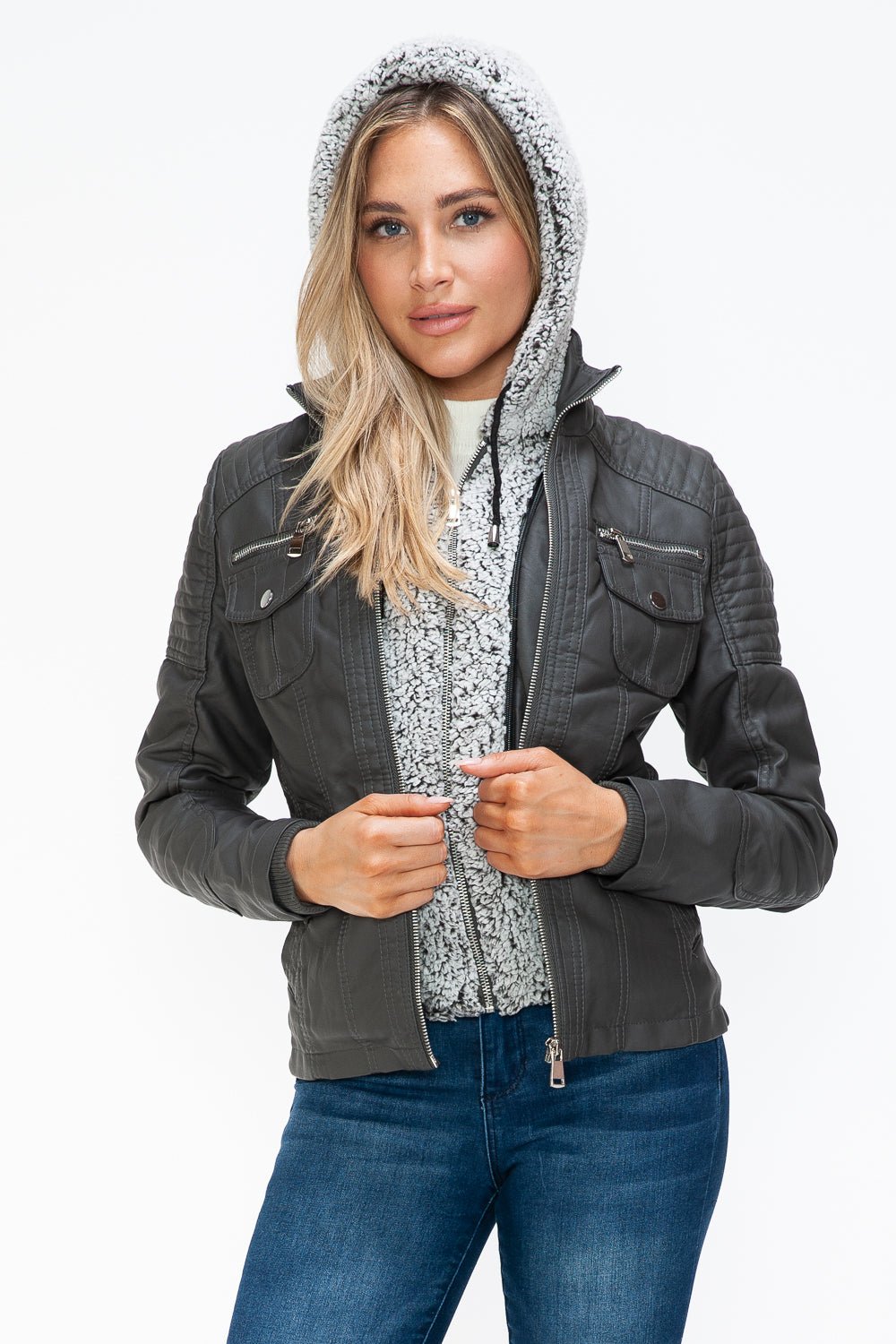 YMI - Multi - Pocket Vegan Leather Jacket in Charcoal