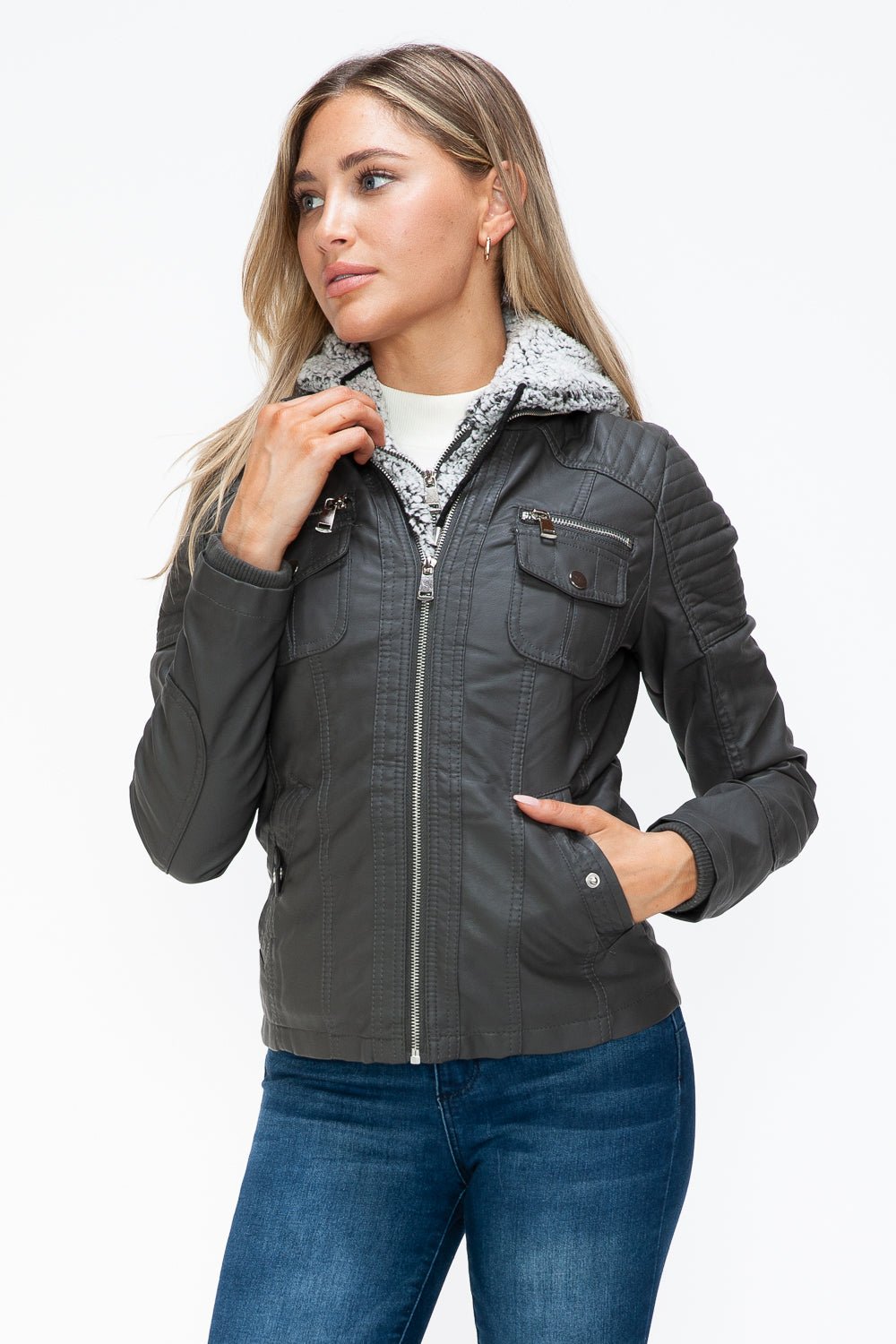 YMI - Multi - Pocket Vegan Leather Jacket in Charcoal