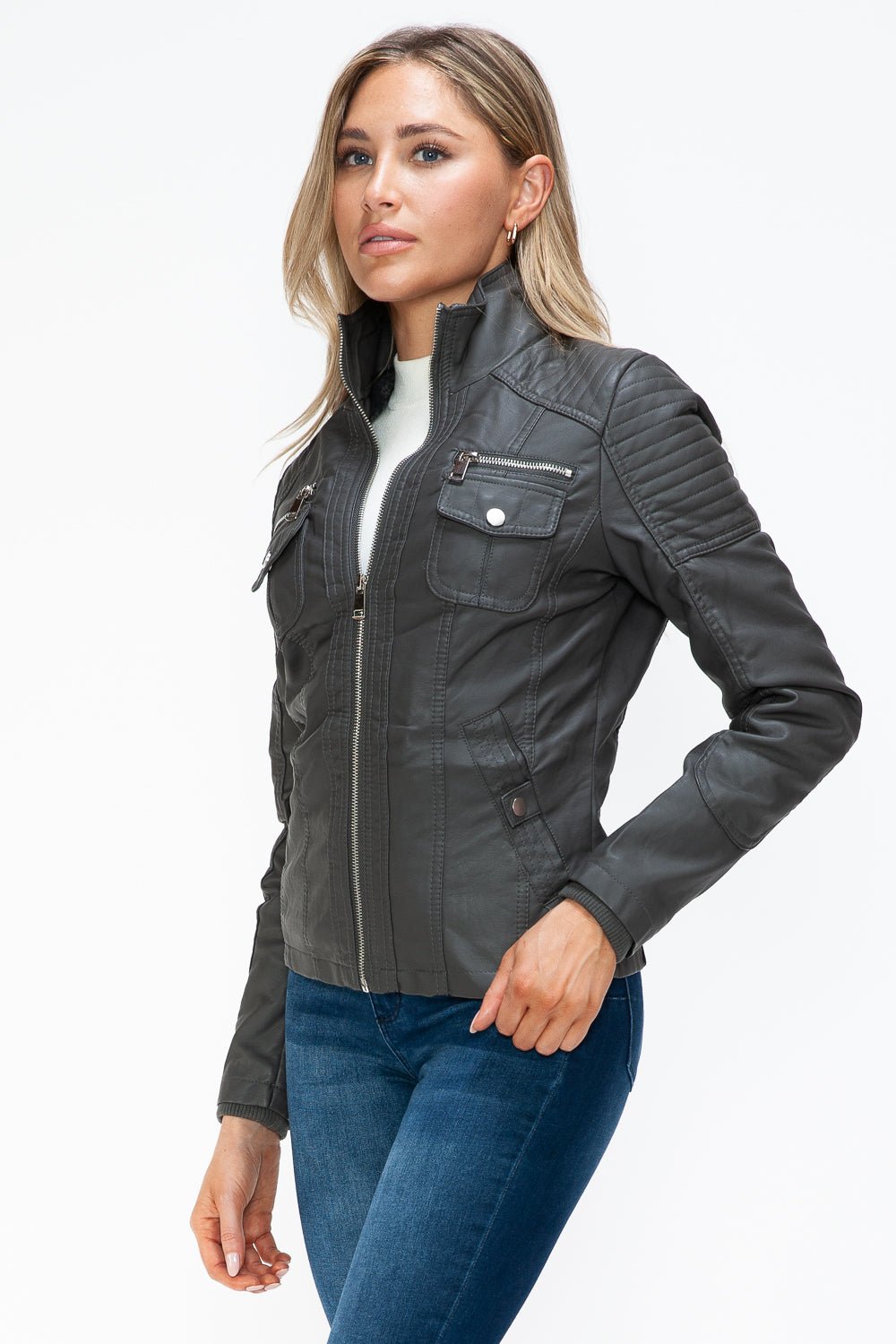 YMI - Multi - Pocket Vegan Leather Jacket in Charcoal