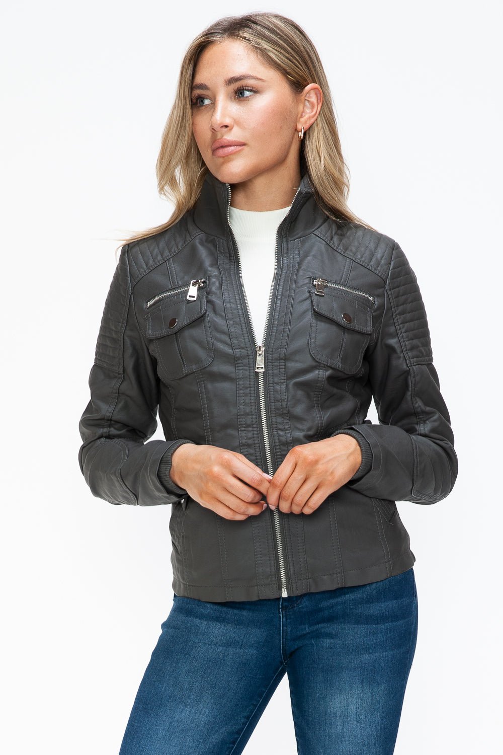 YMI - Multi - Pocket Vegan Leather Jacket in Charcoal