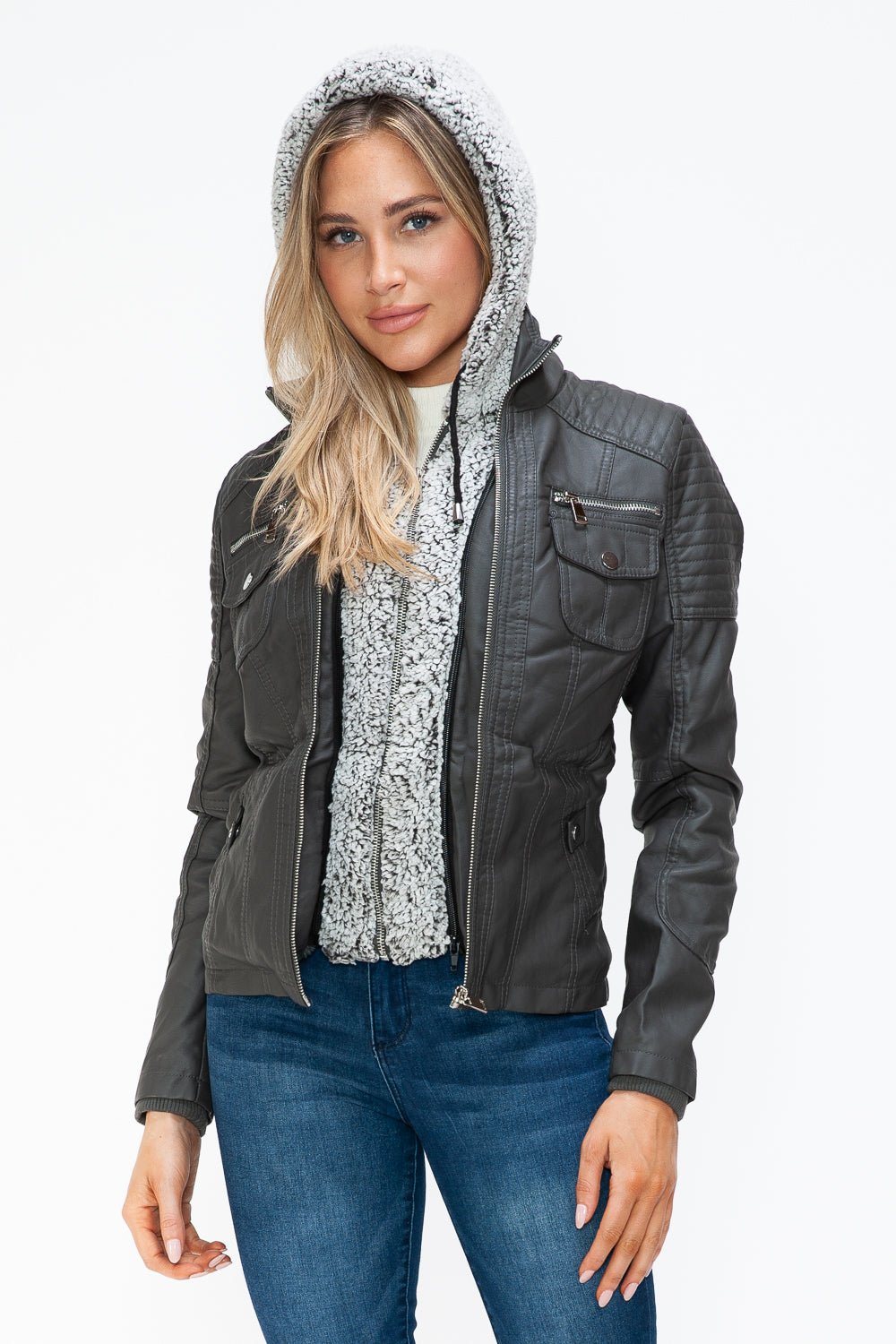 YMI - Multi - Pocket Vegan Leather Jacket in Charcoal