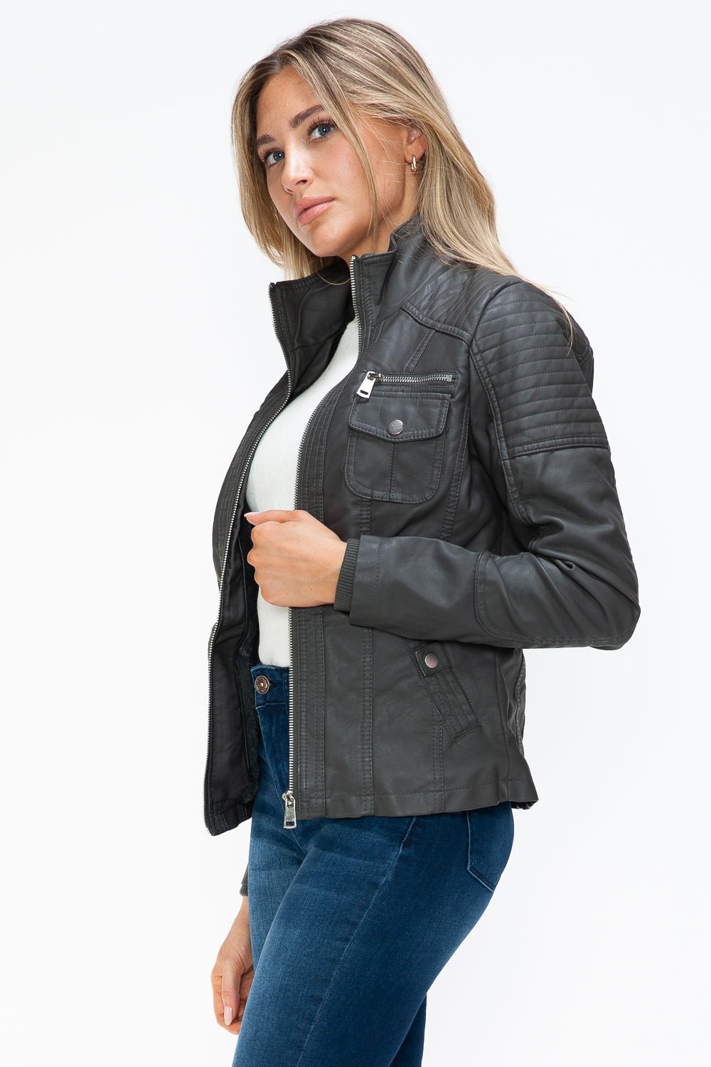 YMI - Multi - Pocket Vegan Leather Jacket in Charcoal