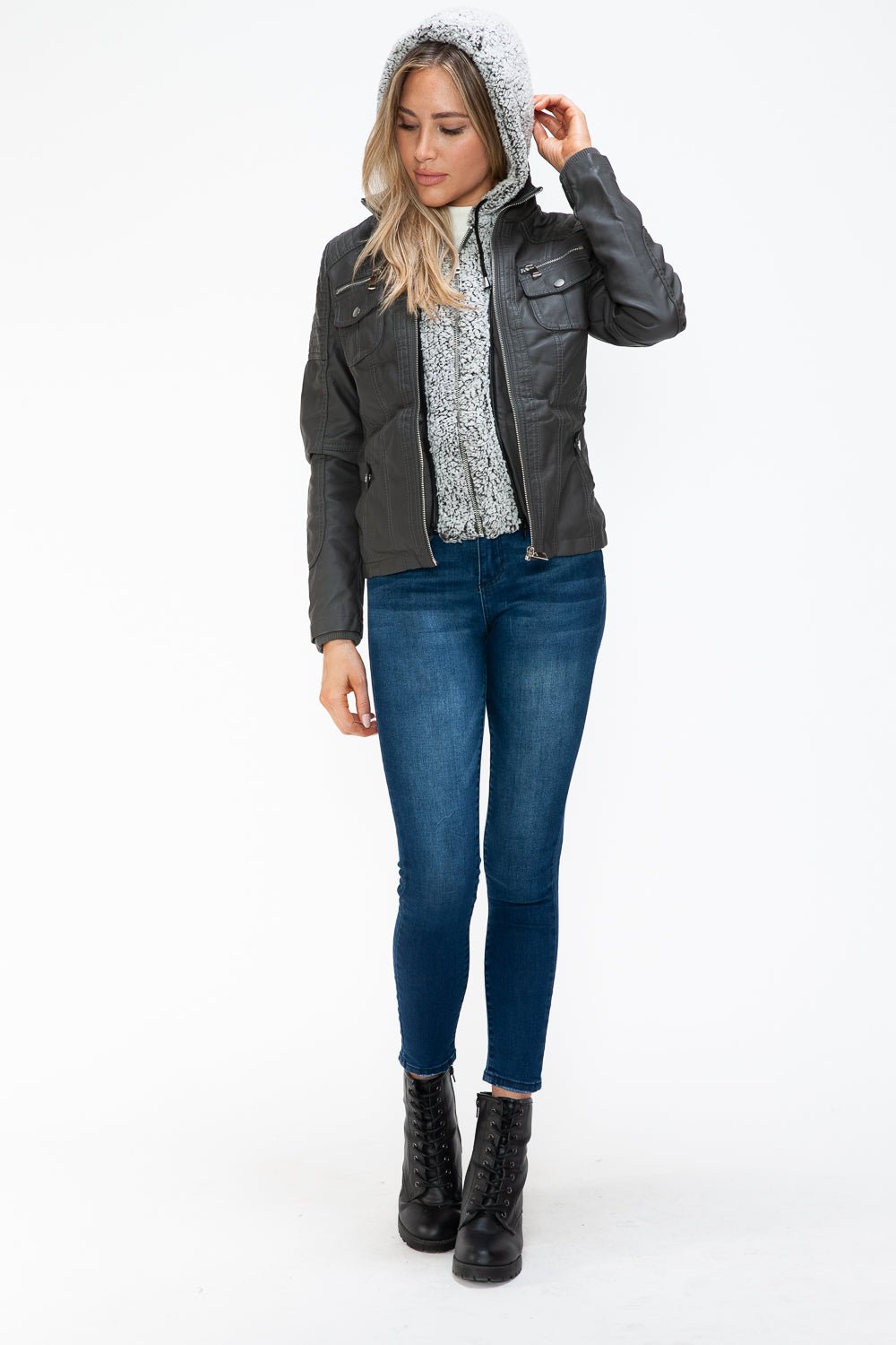 YMI - Multi - Pocket Vegan Leather Jacket in Charcoal