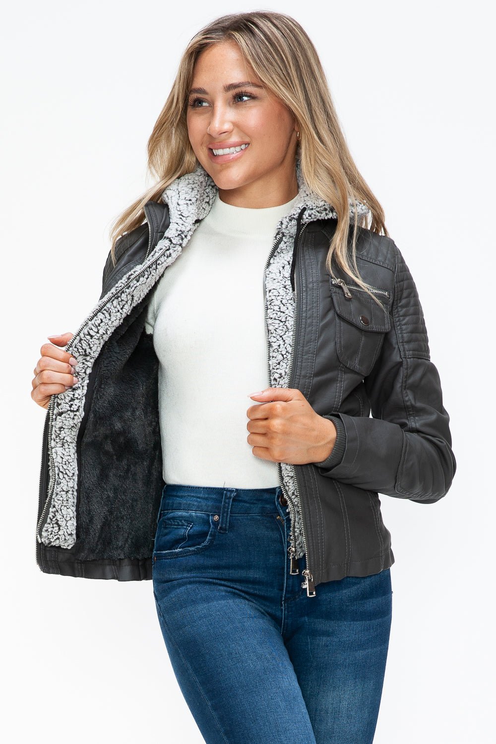 YMI - Multi - Pocket Vegan Leather Jacket in Charcoal