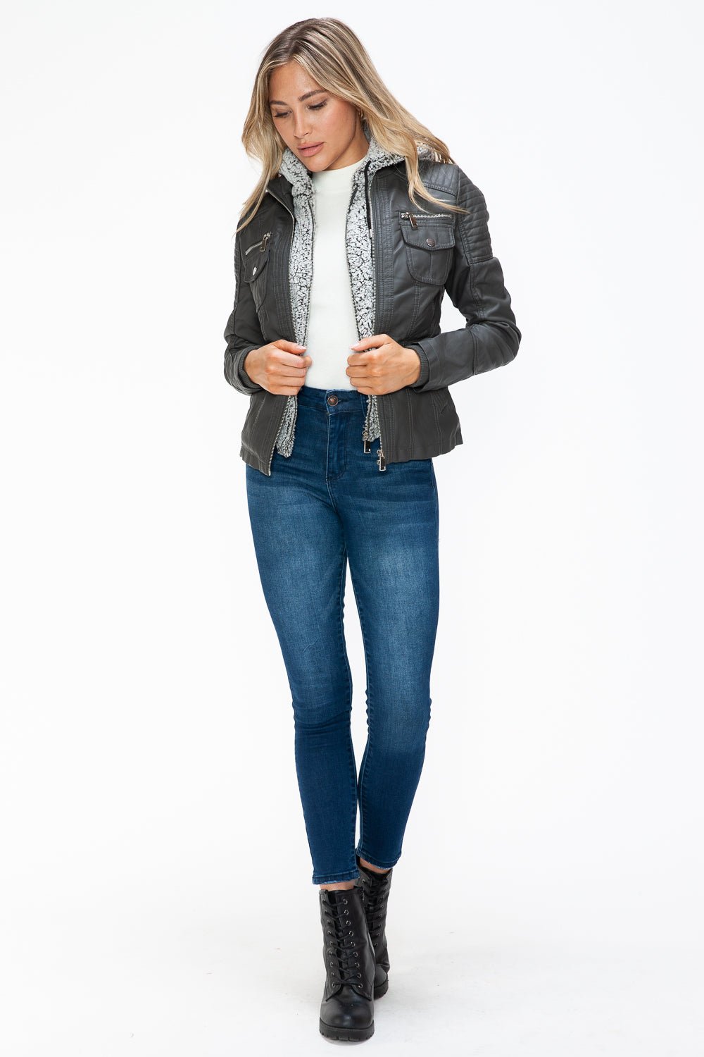 YMI - Multi - Pocket Vegan Leather Jacket in Charcoal