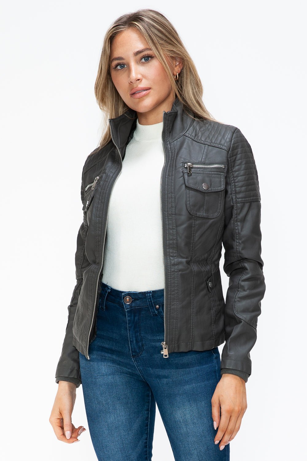 YMI - Multi - Pocket Vegan Leather Jacket in Charcoal